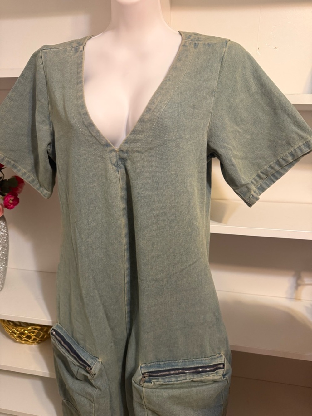 Washed Blue Utility Jumpsuit - Women L - Picture 8 of 9